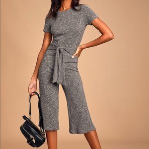 Heather charcoal grey tie-front culotte jumpsuit